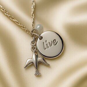 Silver Necklace with Bird & "Live" Charm – Inspirational Dainty Jewelry - Women